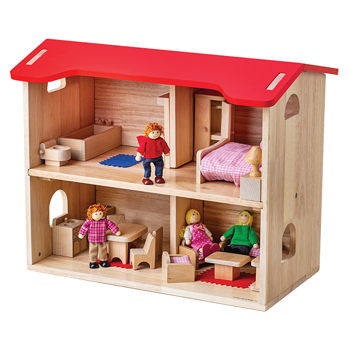 Dolls house with furniture and doll family on sale